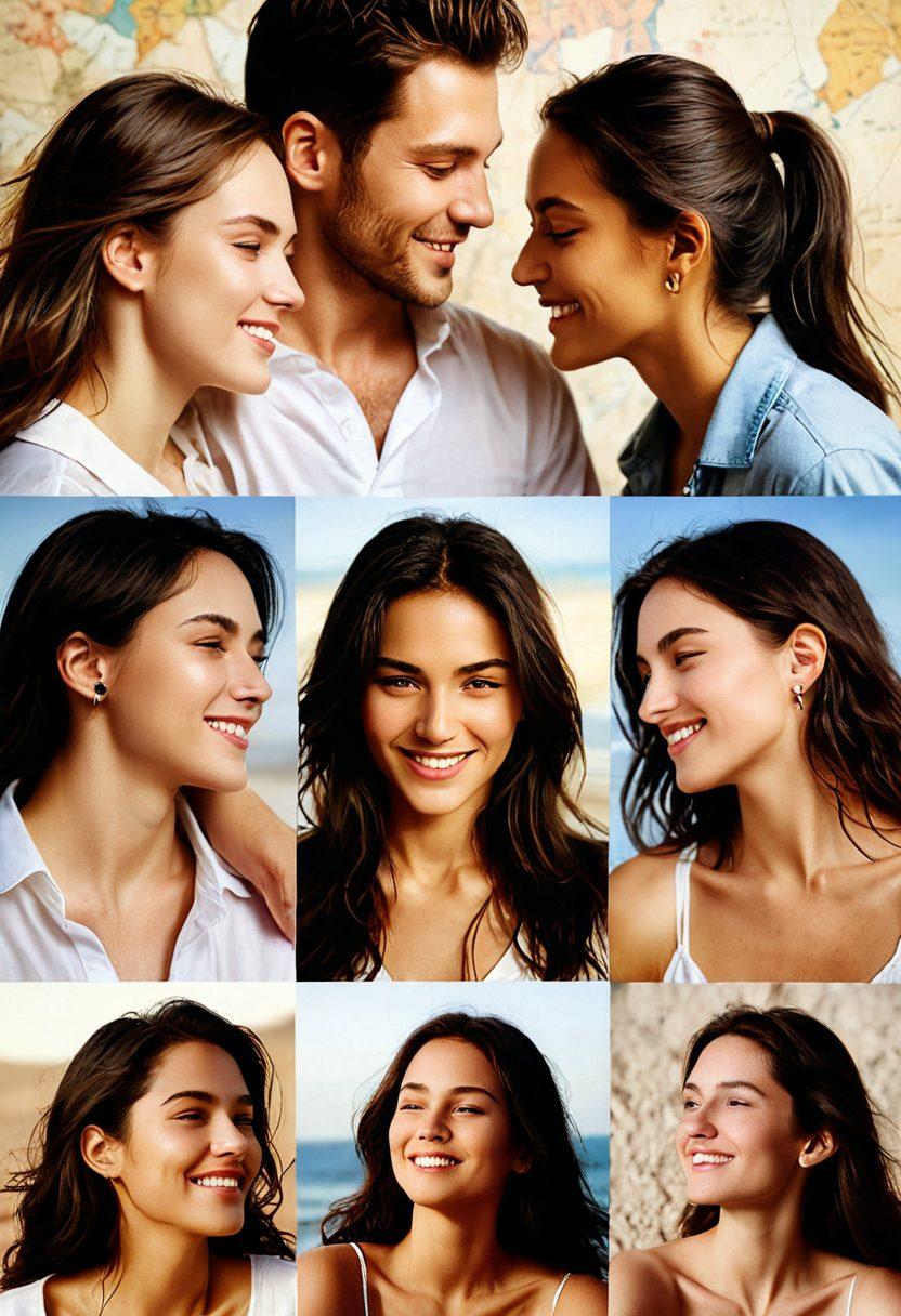 A captivating collage depicting a vibrant, alluring scene of diverse individuals engaging in romantic and intimate activities. Include a mix of soft lighting, playful shadows, and artistic close-ups of different emotions. Incorporate symbols of exploration and curiosity, like compasses or maps subtly integrated. The overall tone should be tasteful, celebrating sensuality and connection. super-realistic. vibrant colors. soft focus.